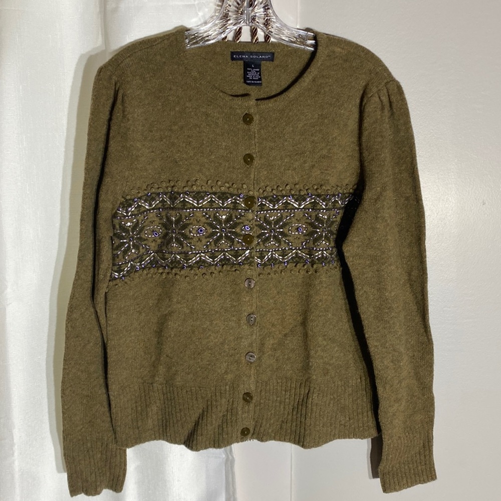 Elena Solano size Large 100% wool ladies button up embroidered sweater